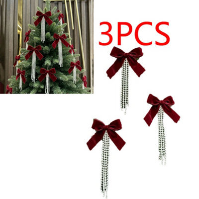 Amorly 3 Pack Claret Velvet Bow With Pearls, 15Cm Large Flocked Bow Ornament With Beaded Tassel For Christmas Tree Wreath Garland Decor - image 1