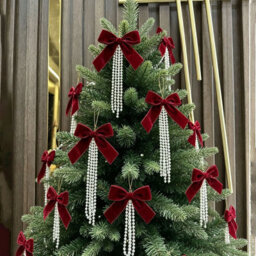 Amorly 3 Pack Claret Velvet Bow With Pearls, 15Cm Large Flocked Bow Ornament With Beaded Tassel For Christmas Tree Wreath Garland Decor - thumbnail 6