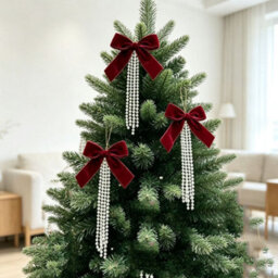 Amorly 3 Pack Claret Velvet Bow With Pearls, 15Cm Large Flocked Bow Ornament With Beaded Tassel For Christmas Tree Wreath Garland Decor - thumbnail 4