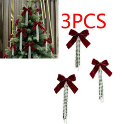 Amorly 3 Pack Claret Velvet Bow With Pearls, 15Cm Large Flocked Bow Ornament With Beaded Tassel For Christmas Tree Wreath Garland Decor - thumbnail 1