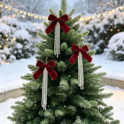 Amorly 3 Pack Claret Velvet Bow With Pearls, 15Cm Large Flocked Bow Ornament With Beaded Tassel For Christmas Tree Wreath Garland Decor - thumbnail 3