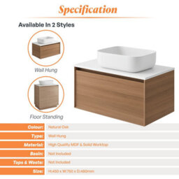 Plum&clay Matterhorn Oak Wall Hung Bathroom Vanity Unit With White Countertop (W)750mm (H)450mm - thumbnail 4