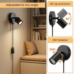 Modern Plug In Wall Light Gu10 350 Rotatable Sconce With Switch 90 Up Down For Bedroom Living Room Black - thumbnail 3