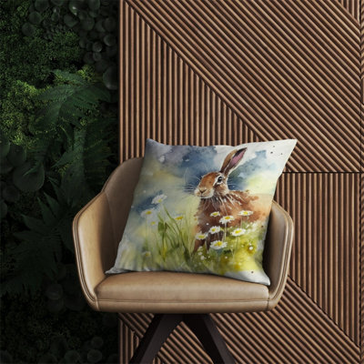 Warren Reed Designer Hare And Daisies Watercolour Outdoor Cushion 60Cm X 60Cm