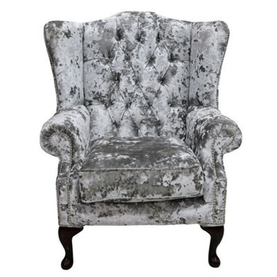Chesterfield High Back Wing Chair Lustro Argent Velvet Fabric Bespoke In Mallory Style - image 1