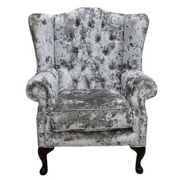 Chesterfield High Back Wing Chair Lustro Argent Velvet Fabric Bespoke In Mallory Style - thumbnail 1