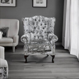Chesterfield High Back Wing Chair Lustro Argent Velvet Fabric Bespoke In Mallory Style - thumbnail 3