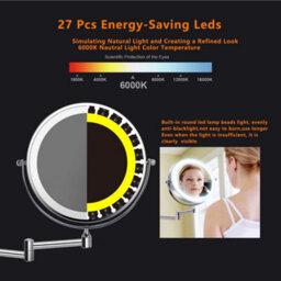 "8"" Wall-Mounted Led Makeup Mirror - 1X/5X Magnifying, Adjustable Light, Swivel & Extendable - Battery Powered (Silver)""" - thumbnail 4