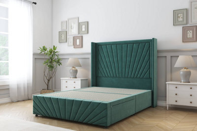 "Sloomy Rutherford Emerald Plush Divan Bedno Drawers - 54"" Wingback Headboard & 12""footboard 4' Small Double" - image 1