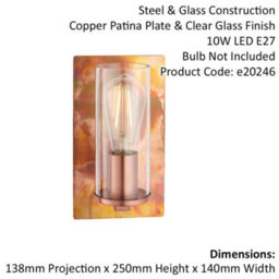 2 Pack Copper Patina Plate Wall Lamp Light & Clear Glass Shade - Dimmable Led - thumbnail 2