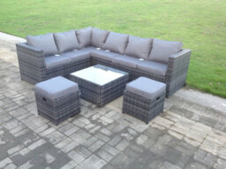 Fimous 8 Seater Rattan Corner Sofa Set With Square Coffee Table Footstools - thumbnail 2