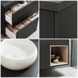 Homestylestore Black Grey 800mm Wall Hung Bathroom Vanity Unit Round Chalk Countertop Basin Open Shelf - thumbnail 2