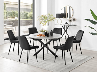 Furniturebox Novara Grey Concrete Effect 120Cm Round Dining Table With Black Starburst Legs & 6 Black Pesaro Velvet Chairs - image 1