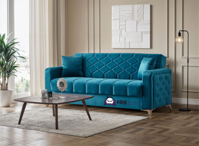 Blue Plush Fabric Chesterfield 3 Seater Sofa Bed With Storage For Living Room - Convertible Three Seater Sofa Bed - image 1