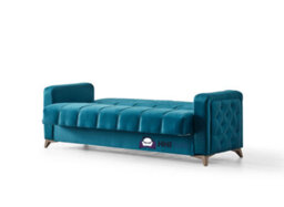 Blue Plush Fabric Chesterfield 3 Seater Sofa Bed With Storage For Living Room - Convertible Three Seater Sofa Bed - thumbnail 2