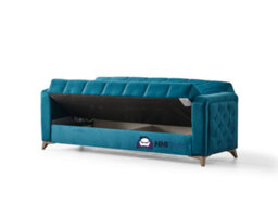 Blue Plush Fabric Chesterfield 3 Seater Sofa Bed With Storage For Living Room - Convertible Three Seater Sofa Bed - thumbnail 4