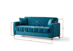 Blue Plush Fabric Chesterfield 3 Seater Sofa Bed With Storage For Living Room - Convertible Three Seater Sofa Bed - thumbnail 5