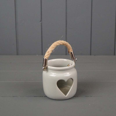 Satchville Grey Porcelain Heart Tealight Holder With Rope Handle - image 1