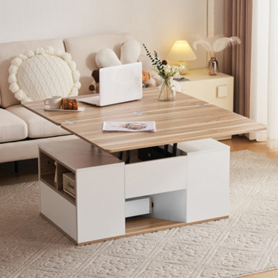 Abrihome White & Oak Lift-Top Coffee Table With 2 Drawers - Multi-Functional Storage Coffee Table For Living Room - image 1