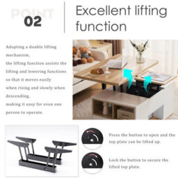 Abrihome White & Oak Lift-Top Coffee Table With 2 Drawers - Multi-Functional Storage Coffee Table For Living Room - thumbnail 8