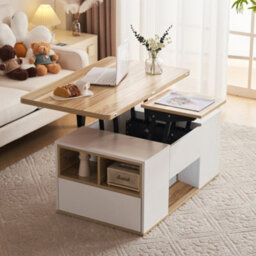 Abrihome White & Oak Lift-Top Coffee Table With 2 Drawers - Multi-Functional Storage Coffee Table For Living Room - thumbnail 2