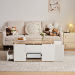 Abrihome White & Oak Lift-Top Coffee Table With 2 Drawers - Multi-Functional Storage Coffee Table For Living Room - thumbnail 3