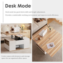 Abrihome White & Oak Lift-Top Coffee Table With 2 Drawers - Multi-Functional Storage Coffee Table For Living Room - thumbnail 7