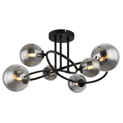 Luminosa Lighting Luminosa Riha Multi Arm Semi Flush Ceiling Lamp Matt Black Smoke Glass Shade 6X G9 3000K - image 1