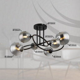 Luminosa Lighting Luminosa Riha Multi Arm Semi Flush Ceiling Lamp Matt Black Smoke Glass Shade 6X G9 3000K - thumbnail 6