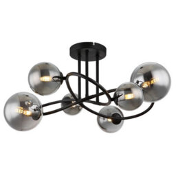 Luminosa Lighting Luminosa Riha Multi Arm Semi Flush Ceiling Lamp Matt Black Smoke Glass Shade 6X G9 3000K - thumbnail 1