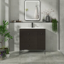 Royal Bathrooms Verona 800mm Walnut Woodgrain Floor Standing Vanity Unit 3 Drawer Side Pull Out Storage Ceramic Basin - Black Knob - thumbnail 4