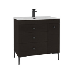 Royal Bathrooms Verona 800mm Walnut Woodgrain Floor Standing Vanity Unit 3 Drawer Side Pull Out Storage Ceramic Basin - Black Knob - thumbnail 6