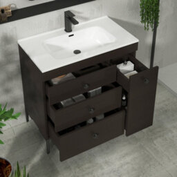 Royal Bathrooms Verona 800mm Walnut Woodgrain Floor Standing Vanity Unit 3 Drawer Side Pull Out Storage Ceramic Basin - Black Knob - thumbnail 5