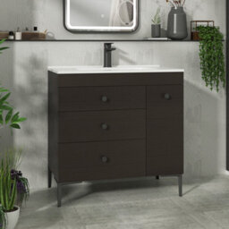 Royal Bathrooms Verona 800mm Walnut Woodgrain Floor Standing Vanity Unit 3 Drawer Side Pull Out Storage Ceramic Basin - Black Knob