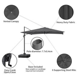 Living And Home 3M Large Square Canopy Rotatable Tilting Garden Rome Umbrella Cantilever Parasol With 100 L Fillable Base, Dark Grey - thumbnail 6