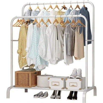 Heavy Duty Metal Double Rail Clothes Garment Hanging Rack Shelf Display Stand White - image 1
