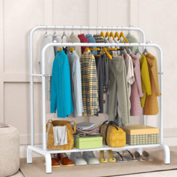 Heavy Duty Metal Double Rail Clothes Garment Hanging Rack Shelf Display Stand White - thumbnail 6
