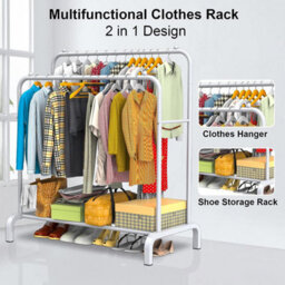 Heavy Duty Metal Double Rail Clothes Garment Hanging Rack Shelf Display Stand White - thumbnail 4