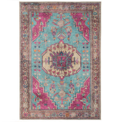 Loomed Bold Teal Blue Pink Persian Style Washable Non Slip Rug 160X230Cm - image 1