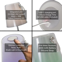 Happy Homewares Tall Modern White Led Colour Changing Rechargeable Touch Table Lamp - thumbnail 4