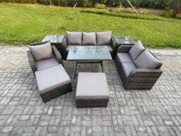 Fimous 8 Pcs Outdoor Lounge Sofa Set Wicker Pe Rattan Garden Furniture Set With Dining Table Armchair 2 Big Footstool - thumbnail 1