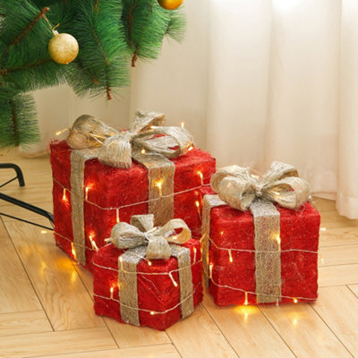 Living And Home Set Of 3 Glitter Light Up Present Boxes Christmas Square Gift Box Xmas Tree Decor Red - image 1