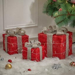 Living And Home Set Of 3 Glitter Light Up Present Boxes Christmas Square Gift Box Xmas Tree Decor Red - thumbnail 4