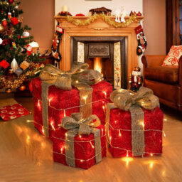Living And Home Set Of 3 Glitter Light Up Present Boxes Christmas Square Gift Box Xmas Tree Decor Red - thumbnail 3