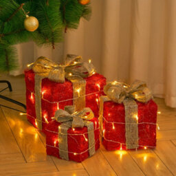 Living And Home Set Of 3 Glitter Light Up Present Boxes Christmas Square Gift Box Xmas Tree Decor Red - thumbnail 2