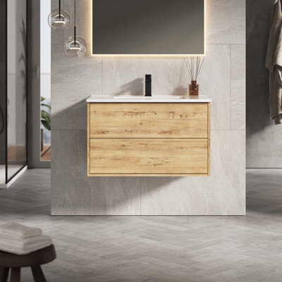 Banyetti Venti 800mm Wall Hung Vanity Unit With Lira Basin - Ostippo Oak - image 1