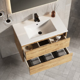 Banyetti Venti 800mm Wall Hung Vanity Unit With Lira Basin - Ostippo Oak - thumbnail 3