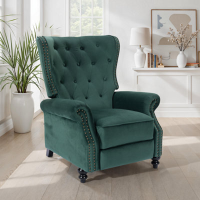 Velvet Bottle Green Buttoned Wingback Recliner Chair - image 1