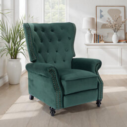 Velvet Bottle Green Buttoned Wingback Recliner Chair - thumbnail 1
