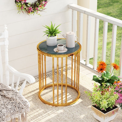 Gainoom Golden Glass Coffee Table 40Cm Round Side Table With Gold Metal Frame - image 1